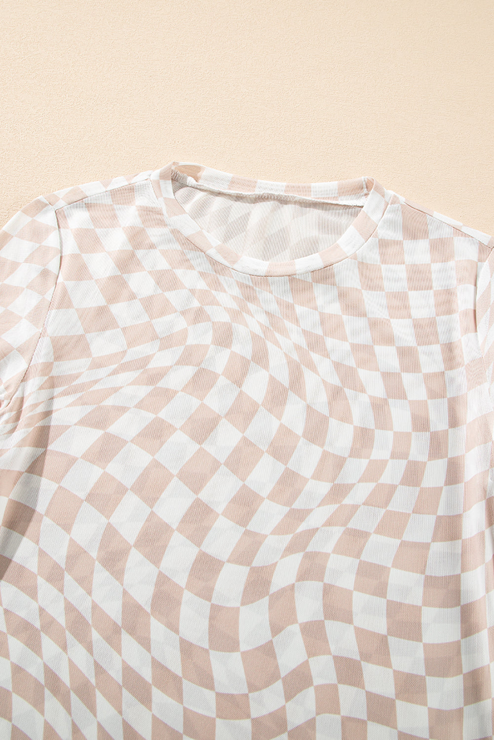Khaki Checkered Pattern Mesh Mock Neck Long Sleeve Top