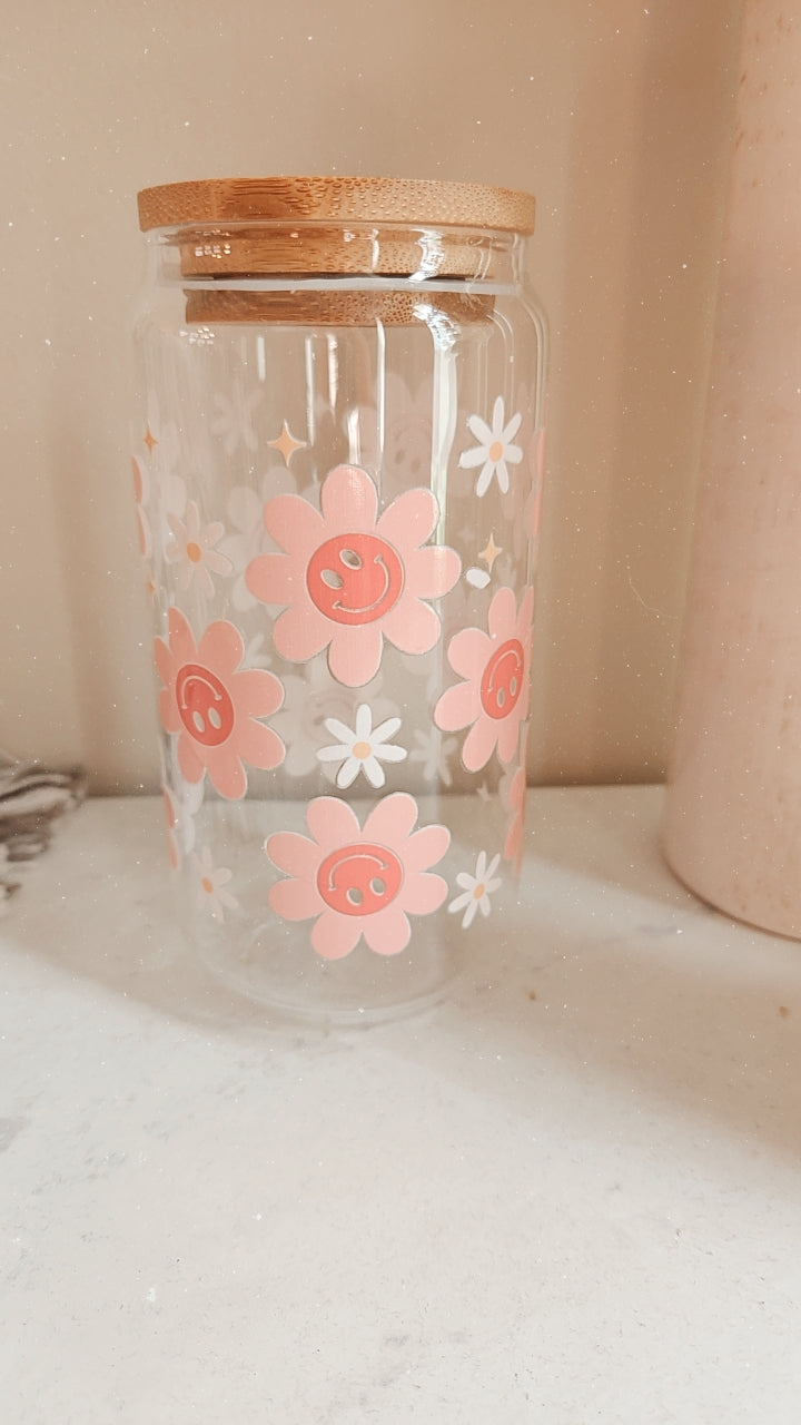 H&R smiley face flower glass tumbler