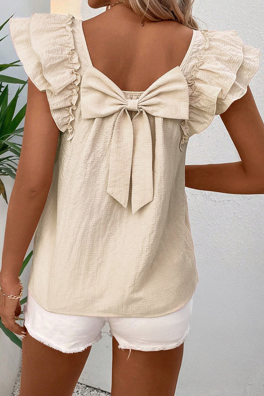 Beige Textured Bow Knot Frilled Butterfly Sleeve Blouse
