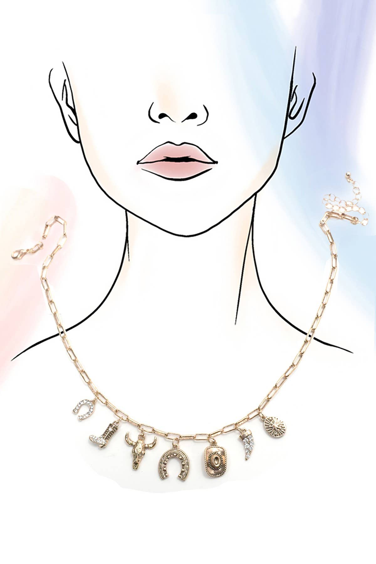 CHARM NECKLACE-WESTERN HAT HORSESHOE BOOT | 80N91404: Gold