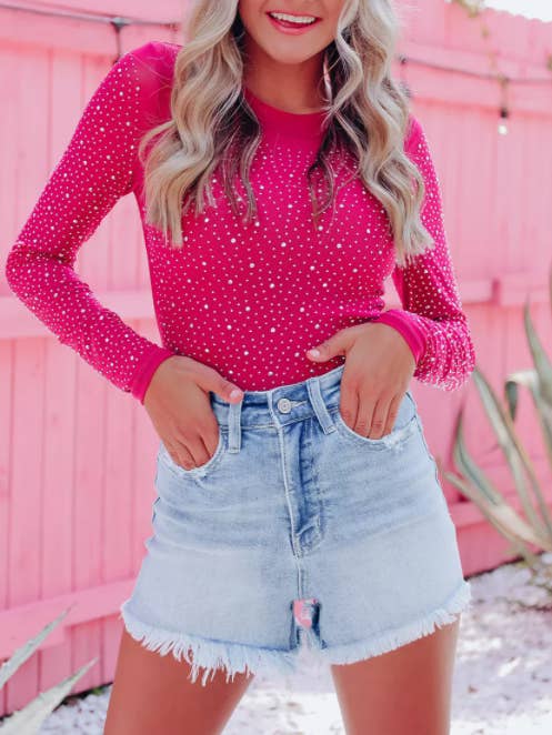 Rose Rhinestone O-neck Long Sleeve Bodysuit