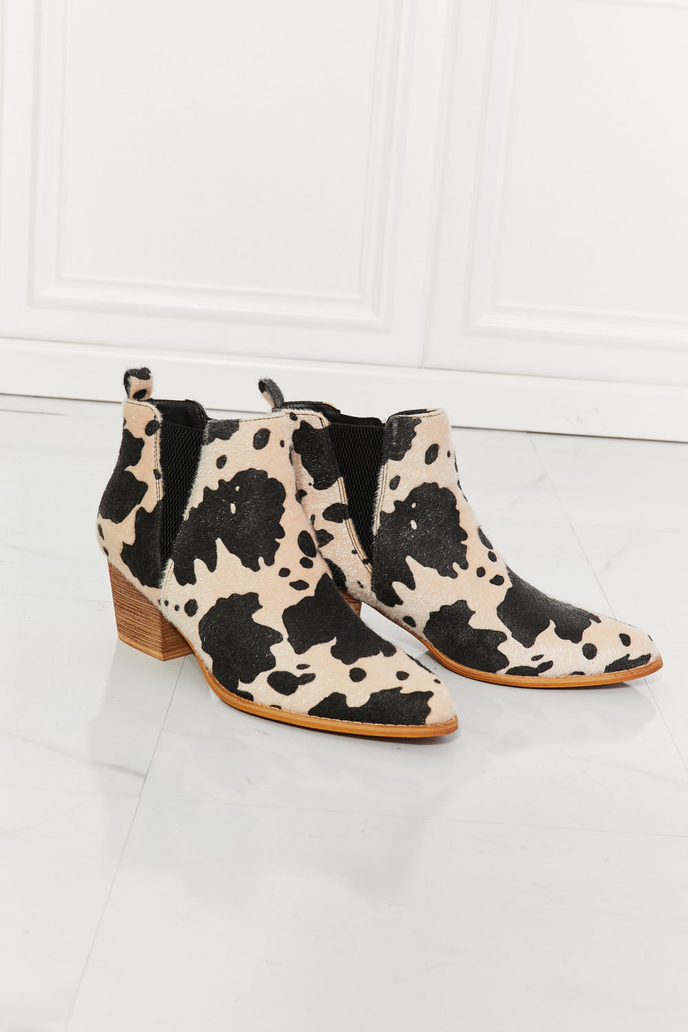 Point Toe Bootie in Beige Cow Print