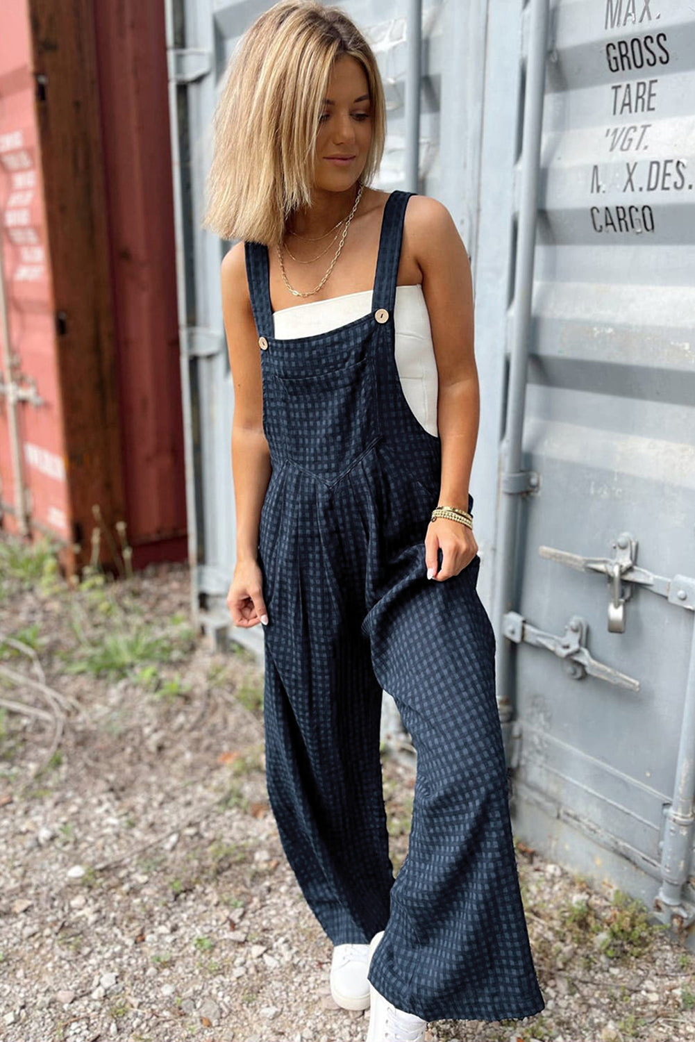 Sail Blue Plaid Print Buttoned Pocketed High Waist Overall