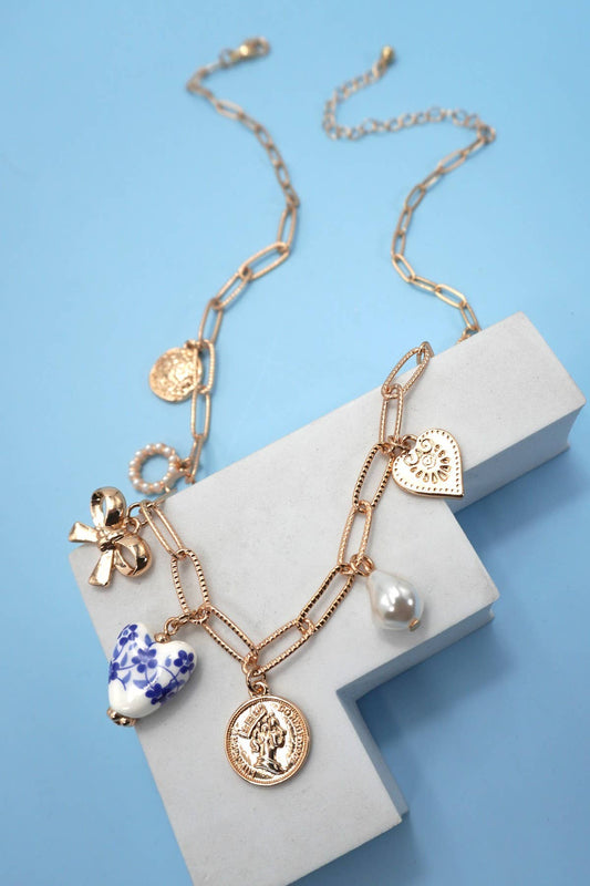 CERAMIC PORCELAIN BOW HEART CHARM LINK NECKLACE | 80N91547: Gold