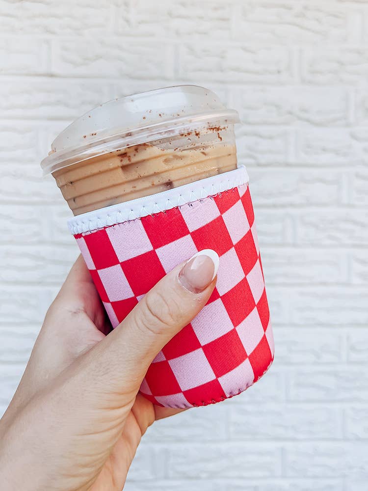 Pink and Red Checkered Iced Coffee Sleeve/Koozie - 16oz