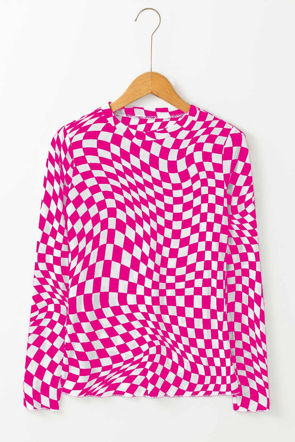 Rose Checkered Pattern Mesh Mock Neck Long Sleeve Top