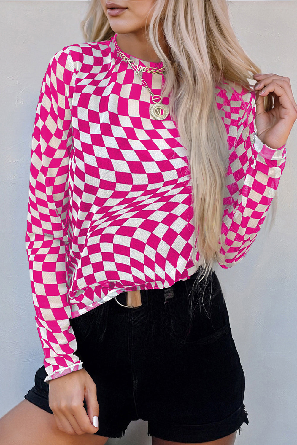 Rose Checkered Pattern Mesh Mock Neck Long Sleeve Top