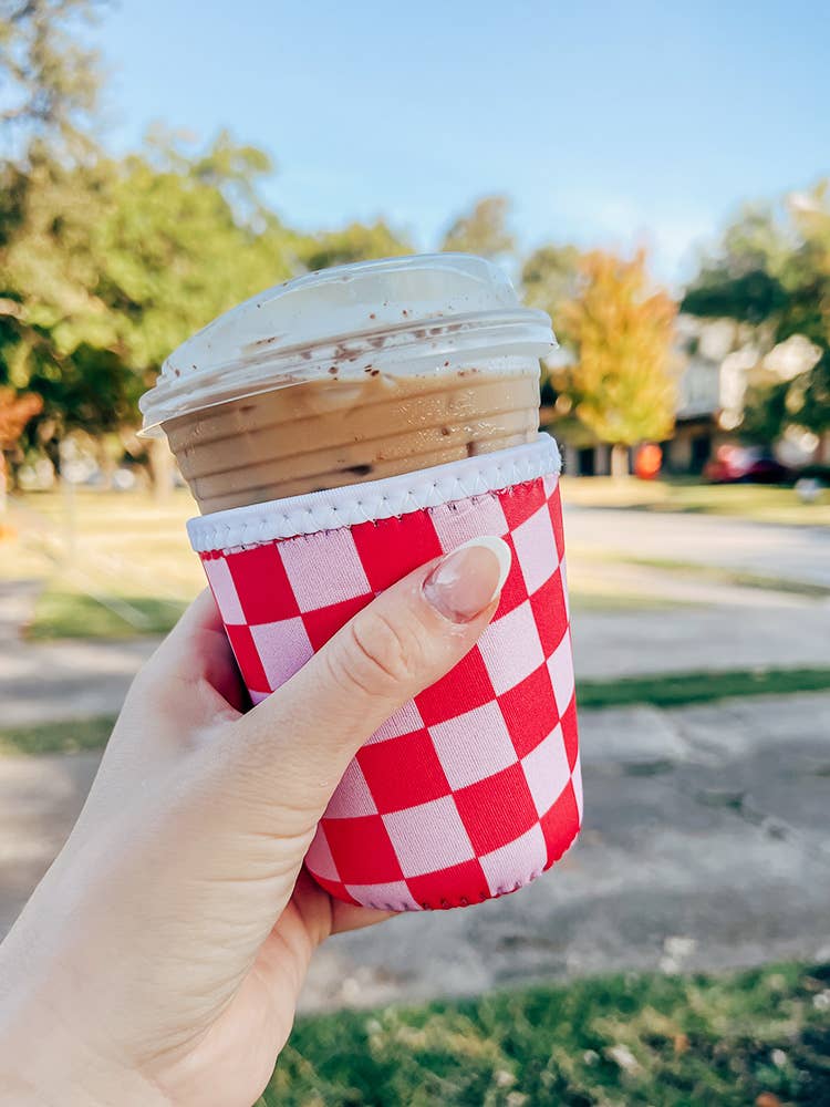 Pink and Red Checkered Iced Coffee Sleeve/Koozie - 16oz