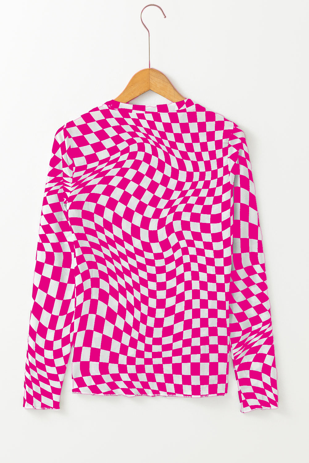 Rose Checkered Pattern Mesh Mock Neck Long Sleeve Top