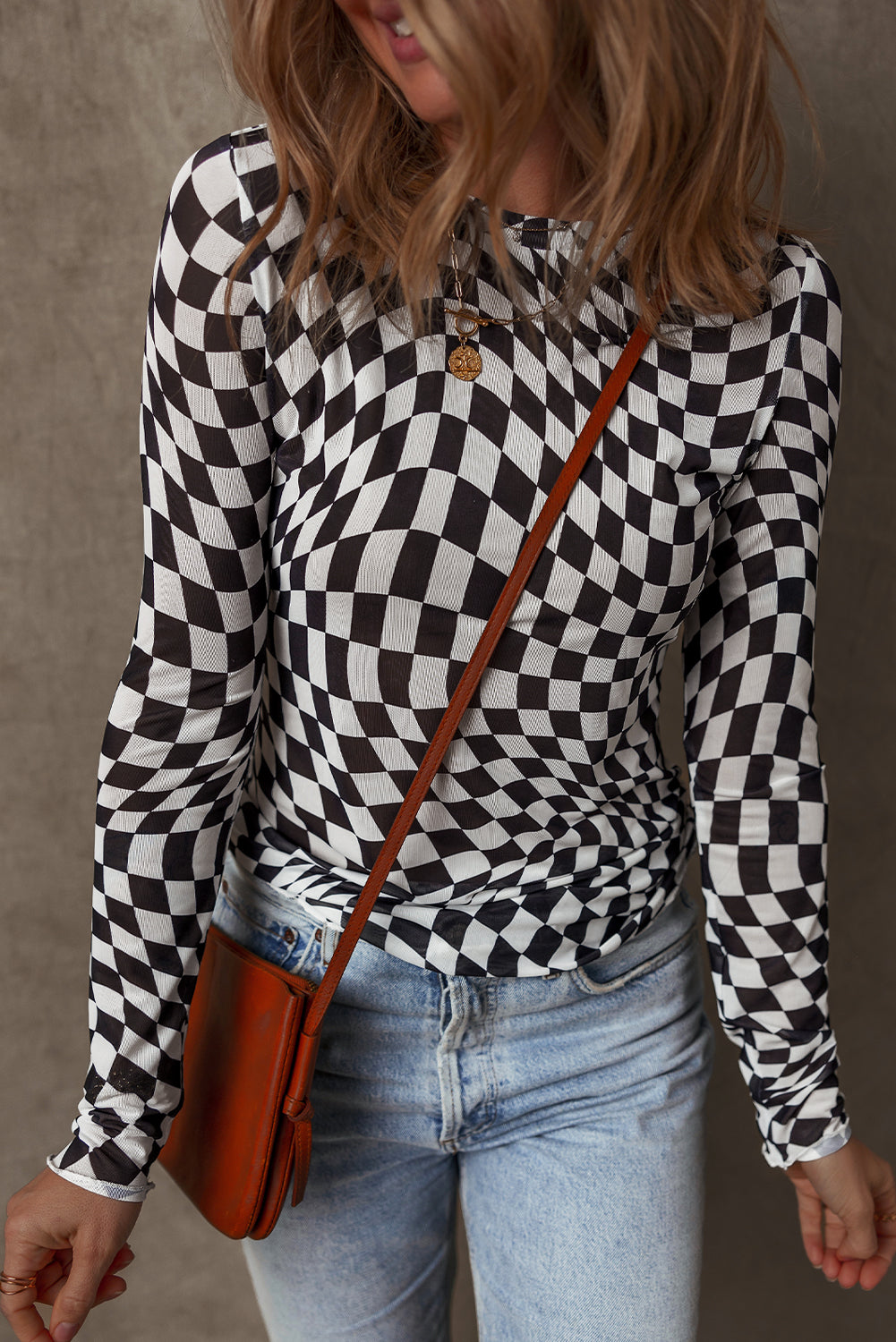 Black Checkered Pattern Mesh Mock Neck Long Sleeve Top