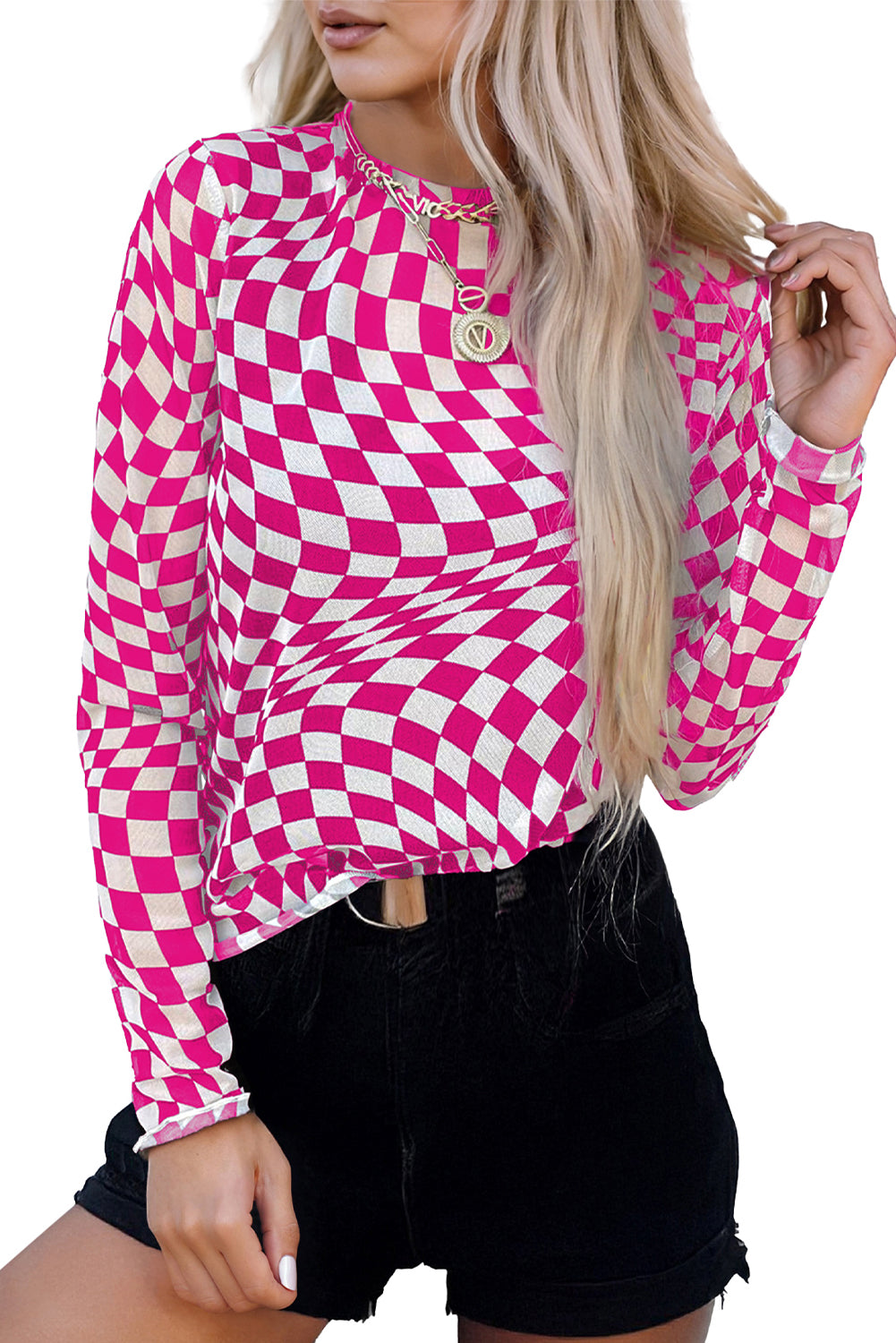 Rose Checkered Pattern Mesh Mock Neck Long Sleeve Top