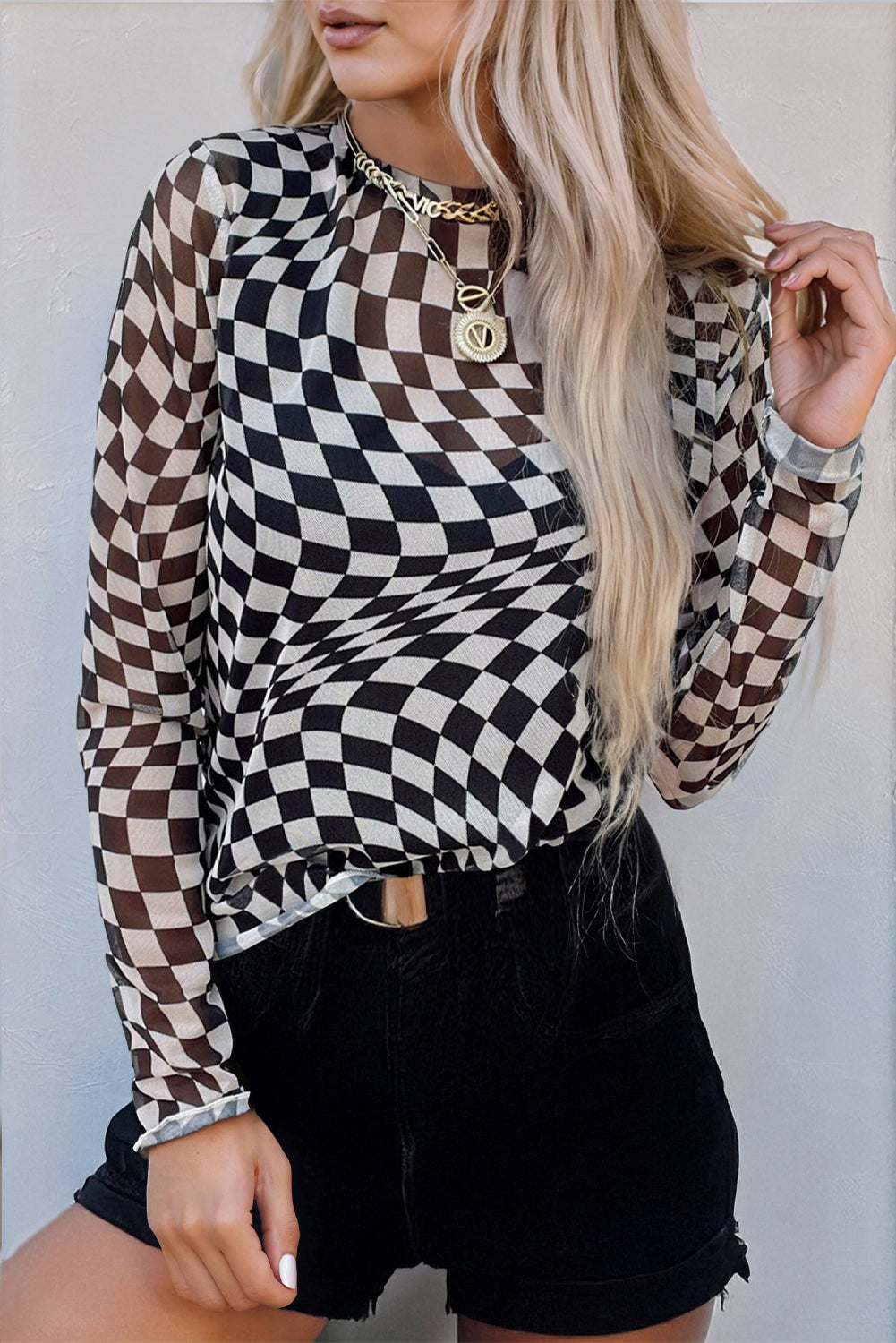 Black Checkered Pattern Mesh Mock Neck Long Sleeve Top