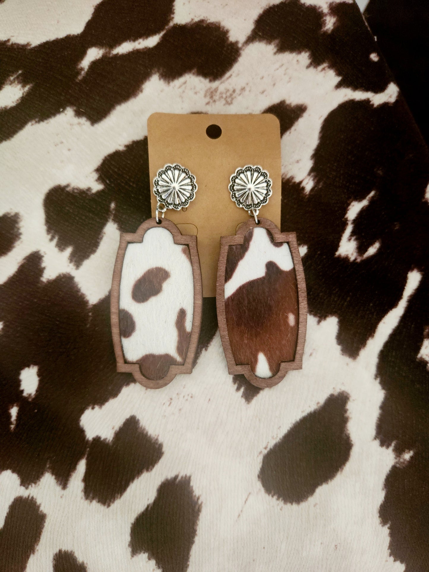 Cow print wood earrings